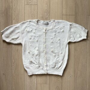 Vintage St Michael White Floral Embroidered Short Sleeve Cardigan Size 8/10